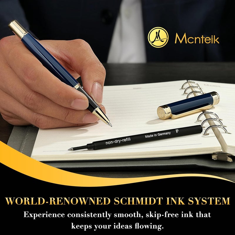 MCNTEIK Blue Lacquer Rollerball Pen - Stunning Luxury Pen, 24K Gold Plating, Schmidt Refill, Precision Flow Ink, Fancy Roller Ball Gift Set for Men & Women, Professional, Executive Office, Nice Pens - Image 5